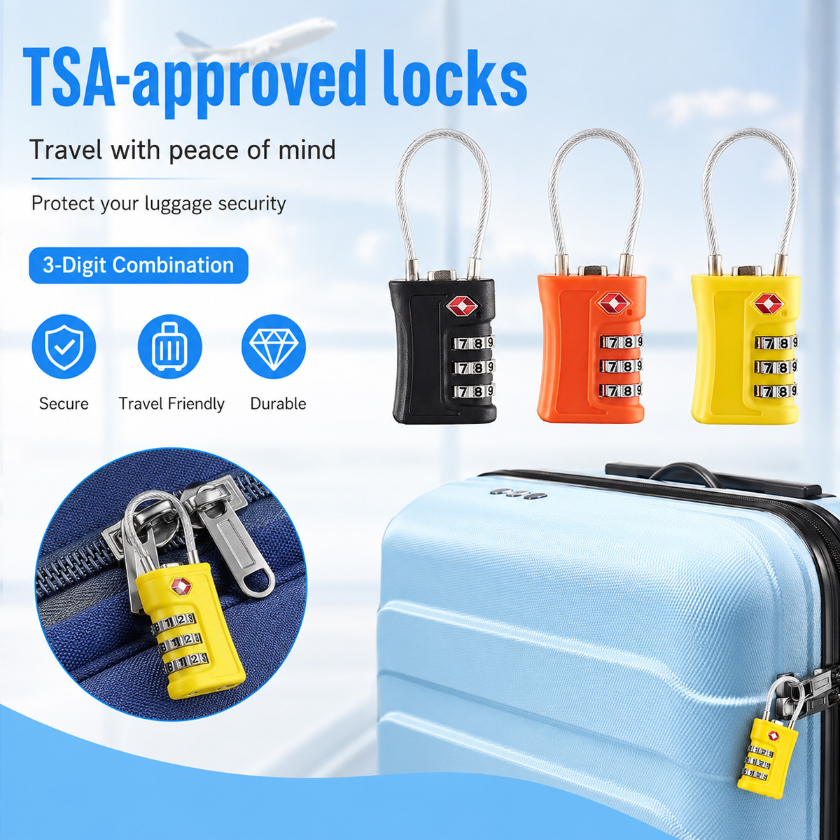 Travel Lock Tsa Approved - TSA goedgekeurd bagageslot 3-cijferige combinatiekabelslot voor