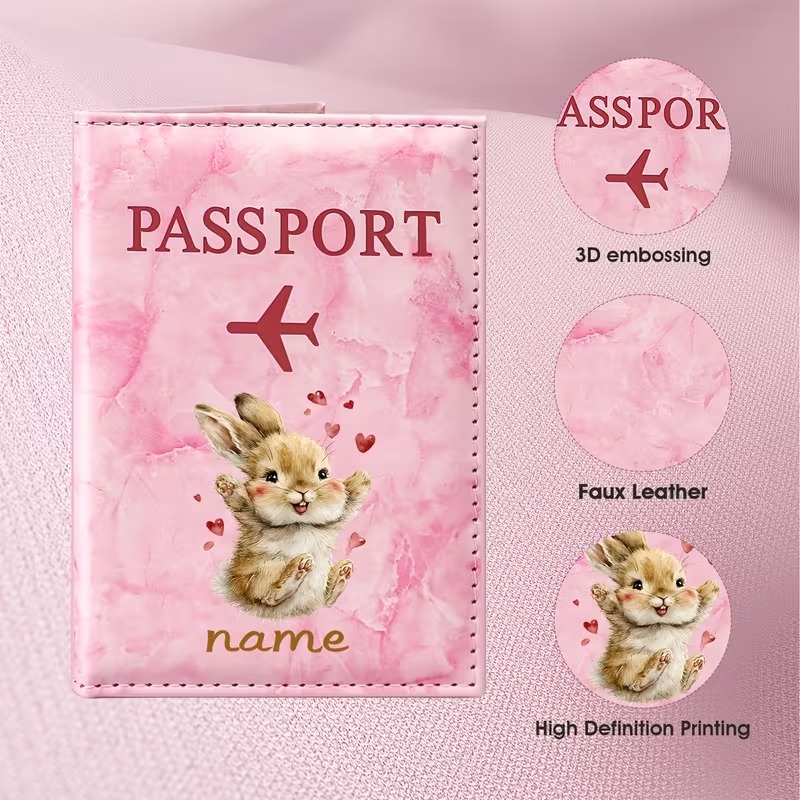 Travel Accessories Present - Aangepaste naam, schattig konijnillustratieontwerp, PU-paspoorthouder, met